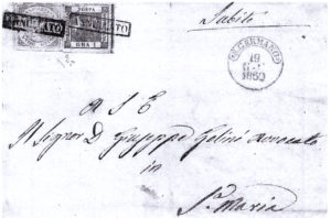 Fig. 8: Da San Germano il 19 gennaio 1860 a S. Maria Capua Vetere affrancata con 1 grano e ½. Affrancatura insufficiente. Quella in tariffa doveva essere di 3 grana. Il valore da 2 grana è stato sostituito con un francobollo da mezzo grano già usato. Frode fiscale.