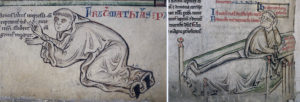 Fig. 1. Mattew Paris, Iter de Londinio in Terram Sanctam (Londra, BL, Ms. Royal 14 C. VII), dettagli: sopra autoritratto f. 6r, sotto sul letto di morte f. 218v.