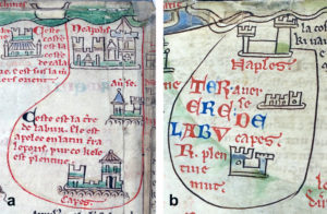 Fig. 4. Mattew Paris, Iter de Londinio in Terram Sanctam. Particolare della Terra di Lavoro con le città di Aversa, Capua e Napoli. a. Ms. 26, f. IIIr; b. Ms. Royal 14 C. VII, f. 4r.