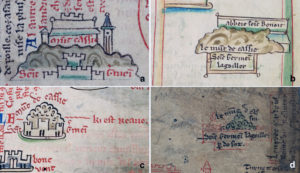 Fig. 5. Mattew Paris, Iter de Londinio in Terram Sanctam. Particolare Montecassino e San Germano: a. Ms. 26 (f. IIIr); b. Ms CN (f. 184r); c. Ms. R14 (f. 4r); d. Ms. 16 (f. IIIr).