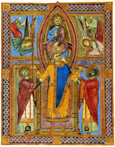 Incoronazione di Enrico II in una miniatura coeva: Sacramentario (1002-14) - Monaco.