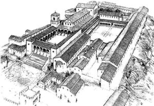 Ideale ricostruzione dell’abbazia di Montecassino al tempo di abate Desiderio (ab. 1058 al 1087). L’autore, K. J. Conant, ha tracciato altre versioni del soggetto. Qui ha posto dinanzi alla facciata la primitiva chiesa di S. Martino sui cui resti dovrebbe essere sorta la chiesa di S. Stefano, ricostruita poi dall’abate Atenolfo.